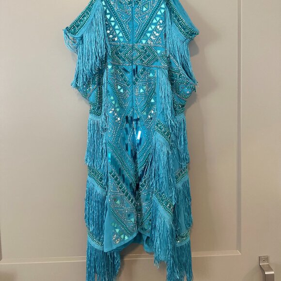 High neck embellished mini dress with fringe in blue - Picture 2 of 2